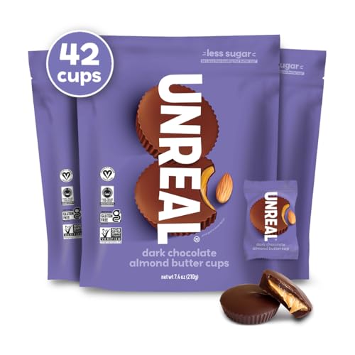 UNREAL Dark Chocolate Almond Butter Cups | 5g Sugar | Certified Vegan, Gluten Free, Fair Trade, Non-GMO | No Sugar Alcohols or Soy | Value Size, 7.4oz (Pack of 3)