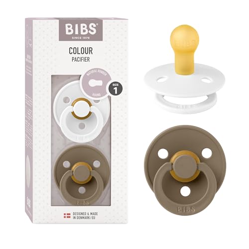 Image of BIBS Pacifiers Colour Collection | Natural Rubber Baby Pacifier | Set of 2 BPA-Free Soothers | Made in Denmark | 0+ Months (Pack of 2) | White/Dark Oak | Natural Rubber | BPA-Free | Danish Design | Airflow Holes | Comfort Shield