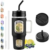 Nologlazic 32oz Glass Tumbler With Handle, Straw, 2 Lids - Iced Coffee Cup With Silicone Sleeve, Fits Car Cup Holder for Gym Workout, Black