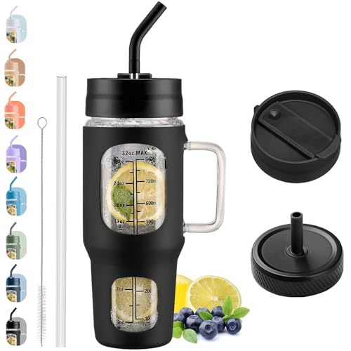 Nologlazic 32oz Glass Tumbler With Handle, Straw, 2 Lids - Iced Coffee Cup With Silicone Sleeve, Fits Car Cup Holder for Gym Workout, Black