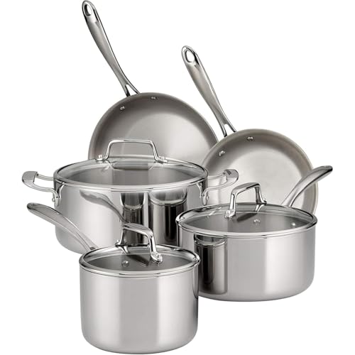 Juego de utensilios de cocina de acero inoxidable con revestimiento triple de 8 piezas, tapas de vidrio, ollas y sartenes, apto para inducción y lavavajillas (8 piezas/acero inoxidable)