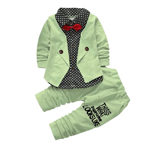 Brahmani Creation Hosiery Cotton Boys Blazer Style Formal Shirt and Pant Set with Bow (Pista )