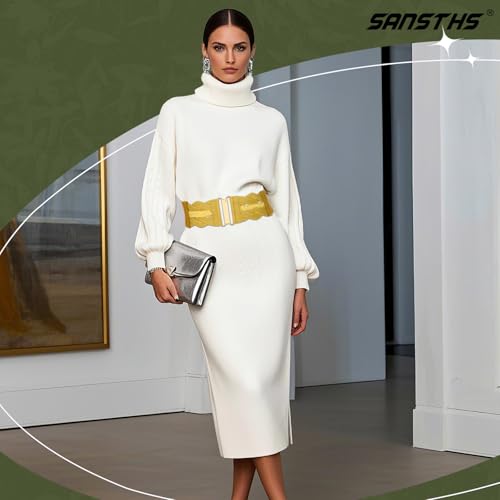 SANSTHS Vintage Stretchy Belt for Women, Womens Wide Elastic Belts for Dresses Coats, Fashion Womens Belts with Gold Buckle