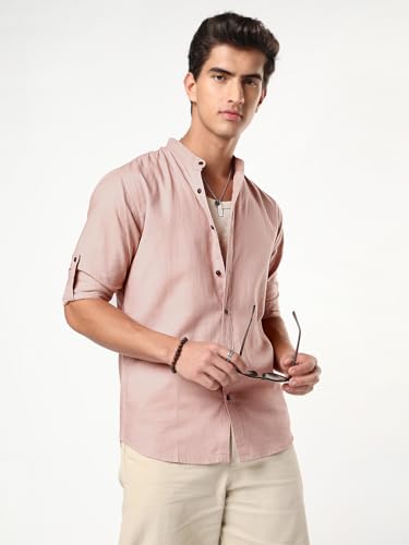 Image of Urbano Fashion Men's Linen Blend Full Sleeve Relaxed Fit Mandarin Collar Casual Solid Shirt