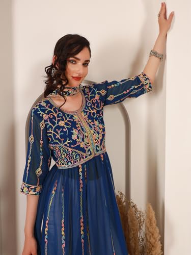 Image of EthnicJunction Women's Georgette Embroidered and Sequence Work Naira Cut Kurta and Dupatta Set