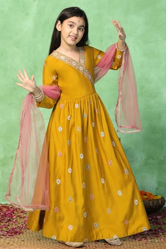 Image of Fashion Dream Girls Chanderi Embroidered Maxi Dress with Dupatta|Ethnic Gown for Kids