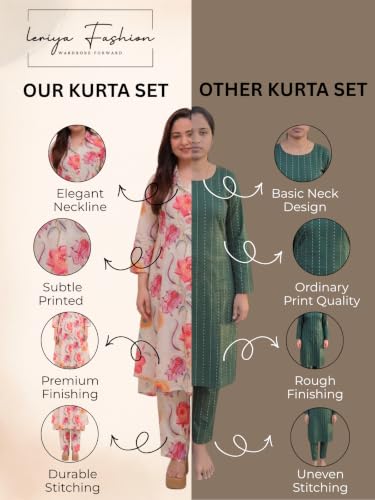 Image of Leriya Fashion Women's Cotton Printed A-Line Kurti Pant Set | Abstract Leaf & Floral Kurta with Trouser Pant | Casual Ethnic Co-ord Set for Women Stylish | Elegant Anarkali Style Tunic Kurta Set