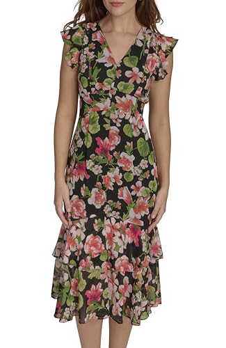 Image of Tommy Hilfiger Women's Flutter Sleeve V-Neck Ruffle Trim Hi-Lo Midi Dress