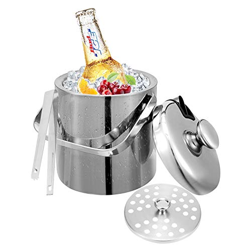 Ice Bucket Stainless Steel Double-Layer Insulation Ice Bucket Ice Bucket for Cocktail Bar Including Ice Bucket Tongs Lid Ice Grate Long-Lasting Cold Storage for Wine-13L