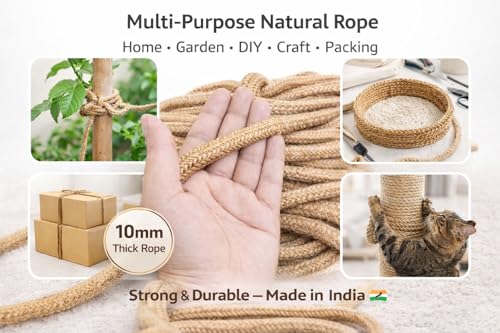 Image of Premium Jute Rope 10mm Thick- Heavy Duty for Home Decor, Gardening, & Crafts | Strong Multi-Purpose Natural Rope for Balcony, Wedding Decorations & DIY Projects (Make in India) (50 feet)