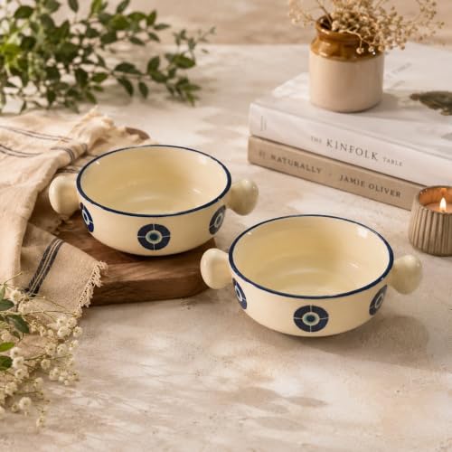 Image of Lupaava Handmade Ceramic Bowl Set of 2 | Printed Serving Bowls for Soup, Snacks, Dessert & Cereal | Microwave & Dishwasher Safe Kitchen Bowls (Multicolor) (Evil Eye Blue)