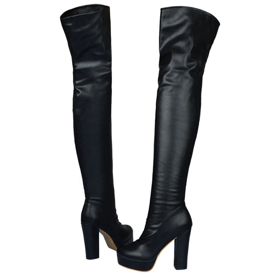 BEAUPAS Womens Chunky Heel Platform High Heel Thigh High Boots Block Heel Over The Knee Boots Round Toe