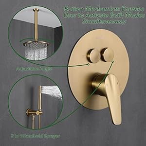 VANFOXLE Shower Faucets Sets Complete Brushed Gold Shower System, Push Button Diverter Ceiling Mounted Shower Fixtures with 2 in 1 Handheld,10 inches Shower Head(Rough-in Valve Body and Trim Included) VANFOXLE Shower Faucets Sets Complete Brushed Gold Shower System Push Button Diverter Ceiling Mounted Shower Fixtures with 2 in 1 Handheld10 inches Shower HeadRough in Valve Body and Trim Included