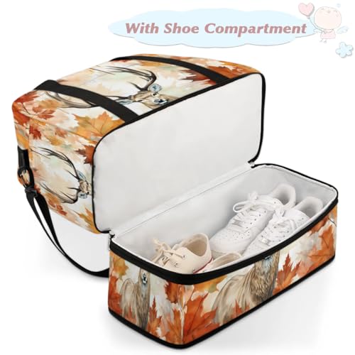 Travel Duffel Bags Autumn Maple Leaf Deer Foldable Weekender Bags for Women with Shoes Compartment Waterproof & Tear Resistant Carry on Overnight Luggage Duffel Bag Shoulder Sports Tote Bag4