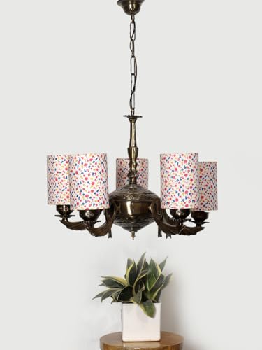 Image of Devansh 05-Light Round Printed Multicolor Cotton Shade Chandelier - Antique Golden Finish | Adjustable Cord | Warm Glow Lamp - Ceiling Light for Living Room, Dining Area, BedroomDecor - D18