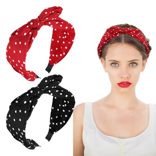 XLIUAX 2 bandeaux à pois pour femmes, bandeaux oreilles de lapin rockabilly, accessoires tête antidérapants, bandeauxs élastiques à nœud, accessoires...
