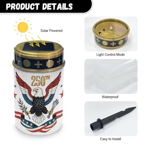 Image of Poceacles America 250th Anniversary Decor Eagle 250th Print Outdoor Solar Powered Cemetery Lights Grave Outdoor Stake Lights Garden Solar Lantern Flameless Candles Garden Decoration, 4 Piece