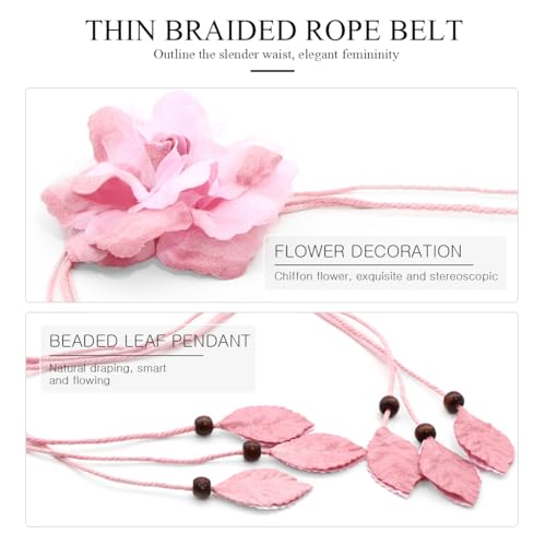 Women's Braided Rope Belt Big Decor Flower Thin Waist Belt Leaf Pendant Bohemian Knotted Rope Chain Belt For Dress3