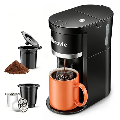 Horavie Small Single Serve Coffee Maker, Fast Brew One Cup Coffee Machine For K Cup And Grounds, 6 To 12 Oz. Brew Sizes, Pod Coffee Maker With Descaling Reminder And Viewing Tank, Black