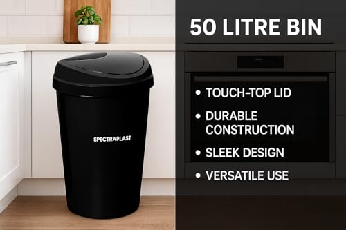 SPECTRAPLAST® 50L Kitchen Bin - Black Plastic Touch-Top Waste Recycling Bin with Removable Lid, Large Capacity for Home, Office, Under Counter Waste Disposal, Fingerprint Resistant, Easy Touch-Top - Image 4