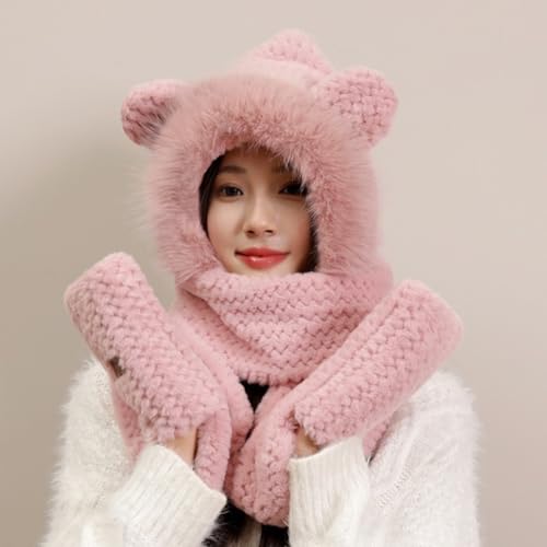 Winter Hooded Scarf for Women Cute Bear Ear Hat Scarf 3 in 1 Faux Fur Gloves Set Soft Warm Hat with Mittens2