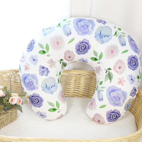 Image of TANOFAR Nursing Pillow Cover, Stretchy Removable Breastfeeding Pillow Cover, Ultra Soft Snug Fits On Newborn Feeding Pillow Case for Baby Girls /Boys, Purple Flower