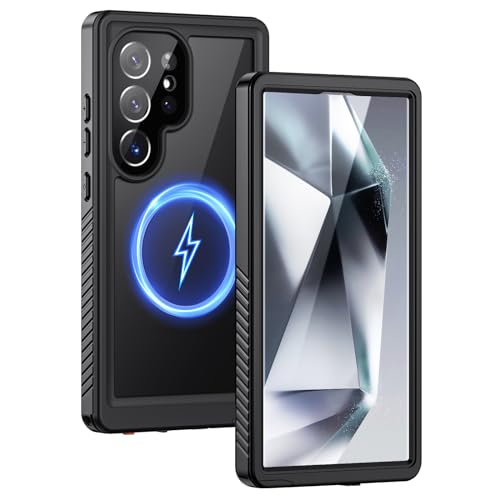 Lanhiem Magnetic for Samsung Galaxy S24 Ultra Case IP68 Waterproof Dustproof Built-in Screen Protector Rugged Full Body Shockproof Cover for Galaxy S24 Ultra 5G 6.8 Inch Black/Clear