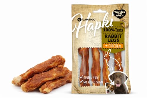 Snack per cani - Bastoncini per cani - Flamingo Hapki Zampa di coniglio con pollo - 85 g - senza glutine - senza zuccheri aggiunti