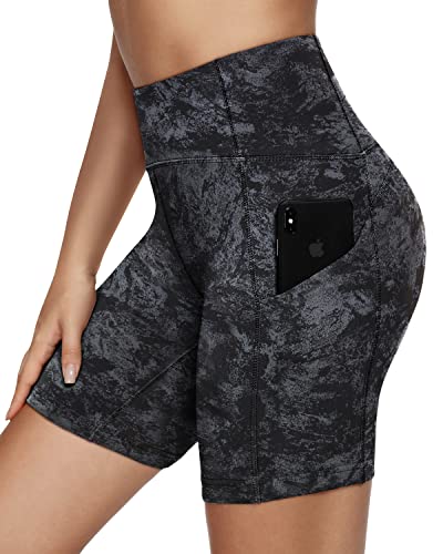 QUEENIEKE Short de course pour femme avec poches pour téléphone - Taille M - Entrejambe de 15,2 cm - Short de yoga - Contrôle du ventre - Couleur : gris marbré Cover
