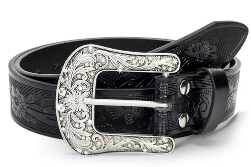 Eohak Ceinture Western pour Femme Cowgirl, Ceinture en PU avec Boucle Vintage Gravée et Bouts Découpés pour Jeans, Pantalons et Robes, M