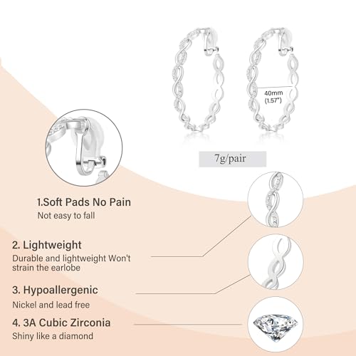 Clip On Hoop Earrings for Women Lightweight - Silver Twisted Clip-on Hoop Earings With Cubic Zirconia Fake Non Pierced Ears Jewelry by Ritach - Image 6