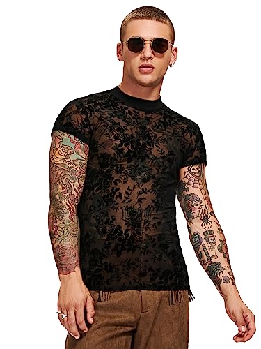 WDIRARA Men's Floral Print Mesh Sheer Stand Collar T Shirt Short Sleeve Slim Fit Tee Top