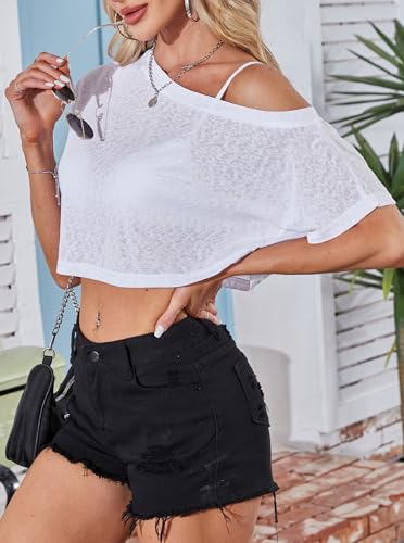 Hilinker Women's Sheer Mesh Crop Tops See Through Off The Shoulder Shirts Short Sleeve Tee4