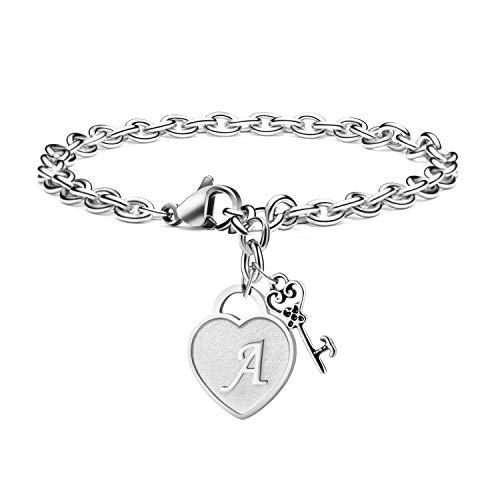 Joycuff Heart Initial Bracelets for Women Engraved 26 Letters Initial Charms Bracelet Teen Girl Daugther Letter A Charm Chain Stainless Steel Jewelry for Her