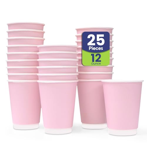 SNH Packing Disposable Double Wall Paper Coffee Cups 25-Pack 12 oz Capacity Pink