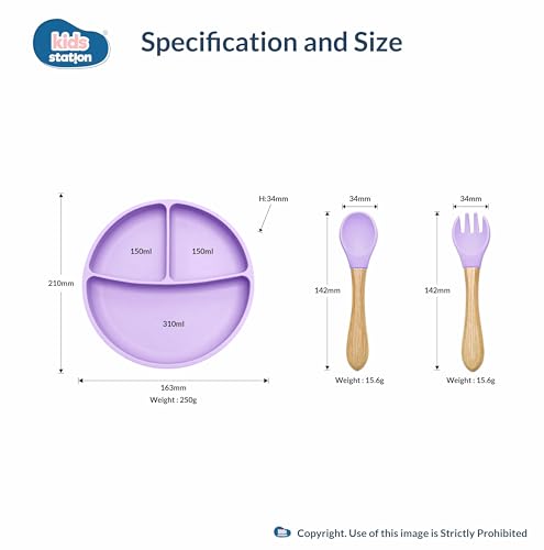 Image of Kids Station 3 Piece BPA-Free Silicone Baby Feeding Set - Baby Plate - Spoon and Bowl - Make Mealtime Fun - Microwave Safe - Unbreakable Eco-Friendly - Organic & Natural (Plate (Set of 3), Purple)