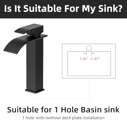 Image of Rywuanku Matte Black Bathroom Faucet Waterfall Spout, Single Handle Sink Faucet with Pop-up Drain & Deck Plate, Modern 1 Hole Vanity Faucet for Vessel Sink