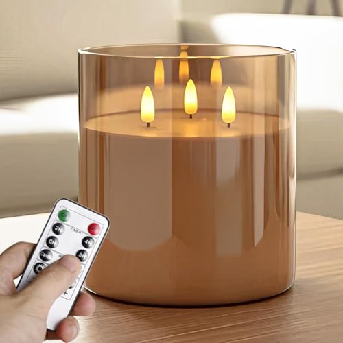 NICEME Extra Large 3 Wick Battery Operated Candle 6x6 Big Clear Glass Flameless Candles with Remote Real Wax Flickering Led Pillar Fake Giant Candle for Wedding Party Holiday Home Decor Gold
