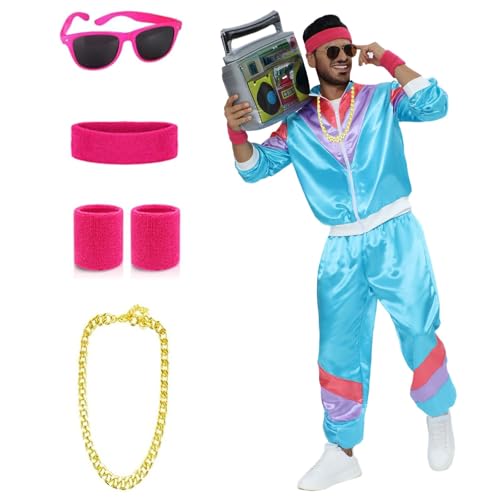 IKIJM Ropa Años 80 Hombre Mujer: Carnaval Hippie Chándal Chaqueta Pantalón - Disfraz de Fiesta Disfraces para Parejas (Azul, L)