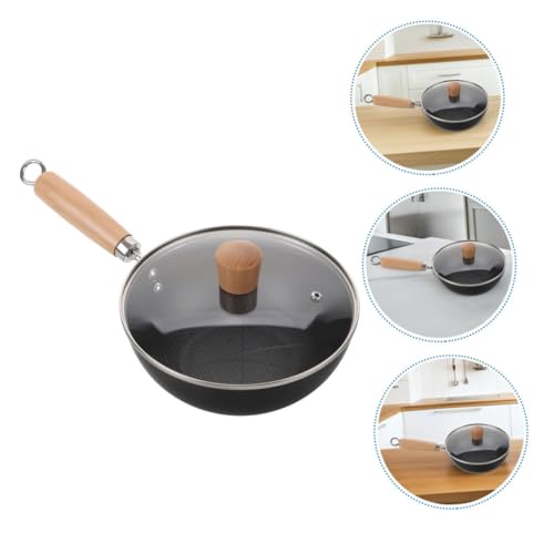 Wok de hierro fundido resistente con tapa y mango de madera miniatura 7