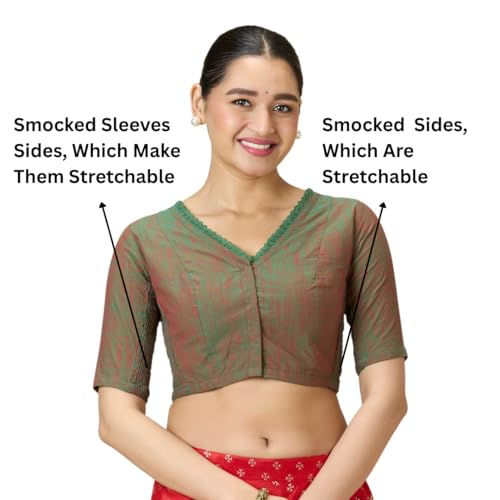 Image of Studio Shringaar Women's Handloom Cotton Side Stretchable (Smocked) Readymade Saree Blouse with Crochet Neckline