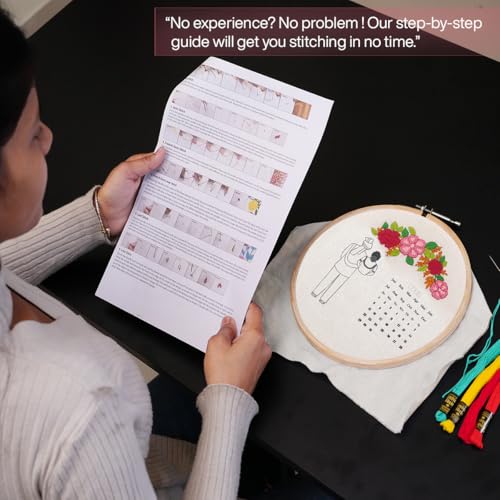Image of picknMAKE Fabric DIY Personalized Wedding Anniversary Embroidery Kit for Beginners, Calendar Hoop Art with 3D Bride & Groom Design, Floral Motifs, & Display Stand Perfect for Weddings & Anniversaries