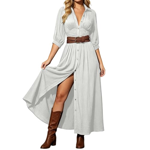Image of Women's French Collar Casual Dress with Wrap Waist and Side Slit, Long Sleeve Loose Fit Flowy Chiffon Dress for Elegant Daily Wear or Office (White, XXL)