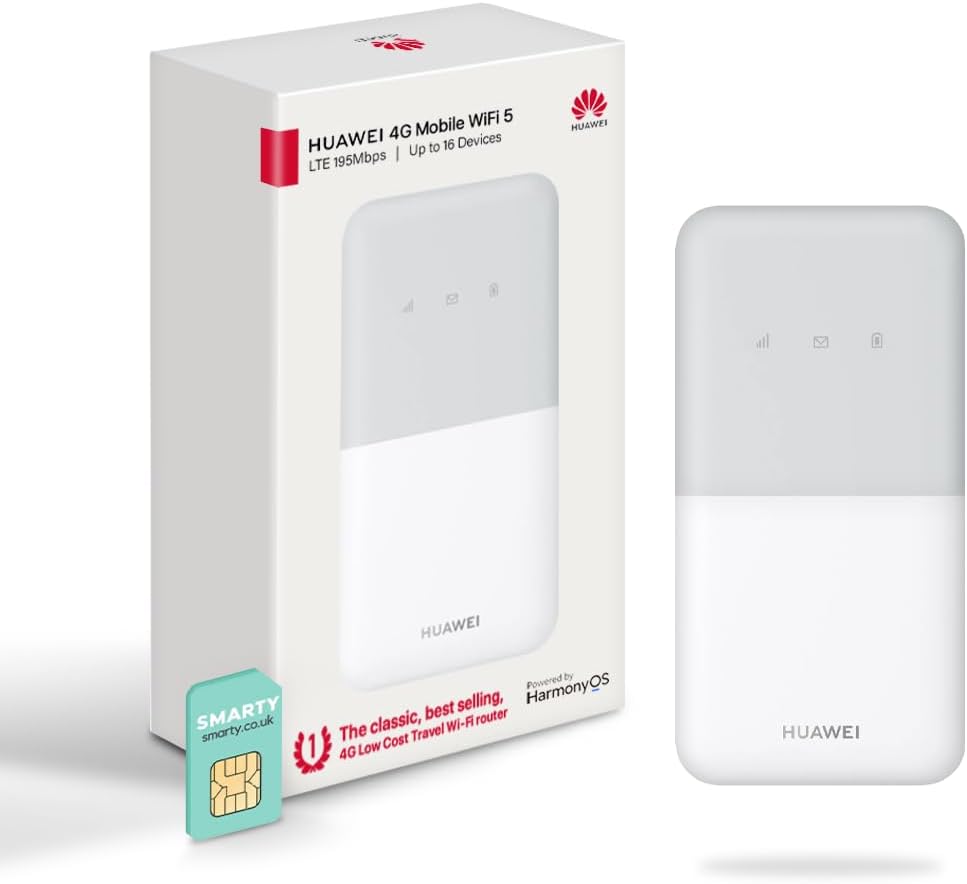 Huawei E5586, CAT 4, Portable 4G Low Cost Travel Wi-Fi, Roams on all World Networks, Genuine UK Warranty Stock, with FREE SMARTY SIM- White