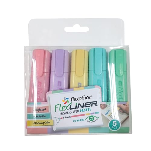 flexoffice 蛍光ペン/蛍光マーカー パステルカラー5色セット(イエロー・ピンク・ブルー・グリーン・パープル) 5.0mm にじまない 洗い落とせる 学校用・オフィス用