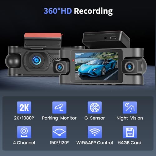 Hikity 4 Channel Dash CAM, WiFi Dash CAM 2K Delantero y 1080P Trasero Interior Izquierdo Derecho, Cámara de Coche con Tarjeta de 64GB - Wi-Fi, G-Sensor, Grabación en Bucle, Visión Nocturna - imagen 2