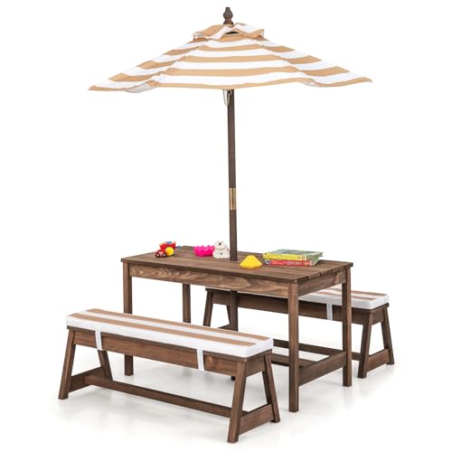 SOARS Set di Tavolo Picnic per Bambini con Ombrellone Regolabile, Panche per Bambini in Legno di Abete con Parasole e Cuscini Morbidi, Tavolo e Panchine Pranzo da Giardino e Parco (Marrone)