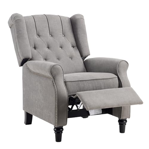EBELLO Push Back Recliner Chair, Fabric Accent Chair Pushback Recliner with Rivet Decoration, Button-Tufted Back, Mid Century Wingback Armchair for Living Room, Bedroom, Grey