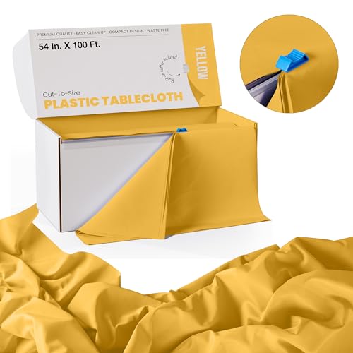 Image of Exquisite Party Solids 54 Inch X 100 Feet Yellow Plastic Table Cover Roll in A Cut - to - Size Box with Convenient Slide Cutter. Cuts Up to 12 Rectangle 8 Feet Plastic Disposable Tablecloths
