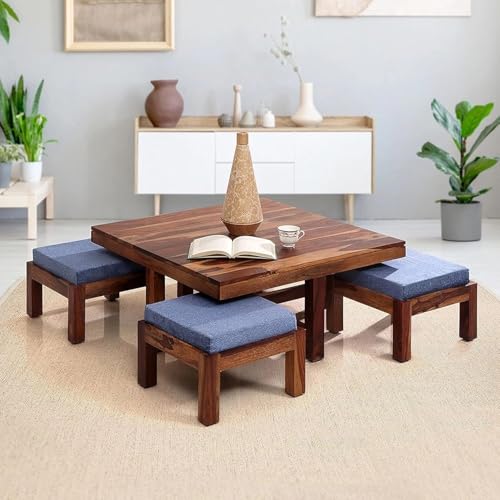 Image of Solid Sheesham Wood Square Coffee Table with 4 Stools | Centre Table with Stool for Living Room | Brown Finish | Table: 90cm x 90cm x 45cm, Stool: 40cm x 40cm x 10cm